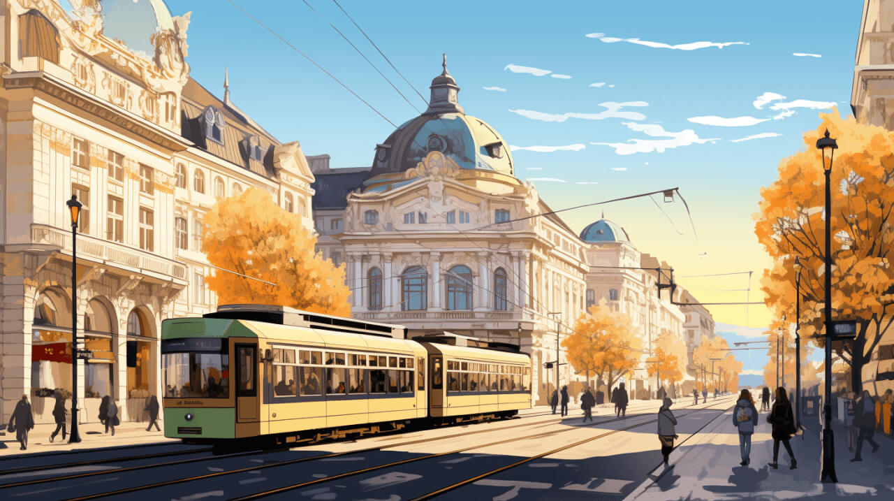 Tram in front of city