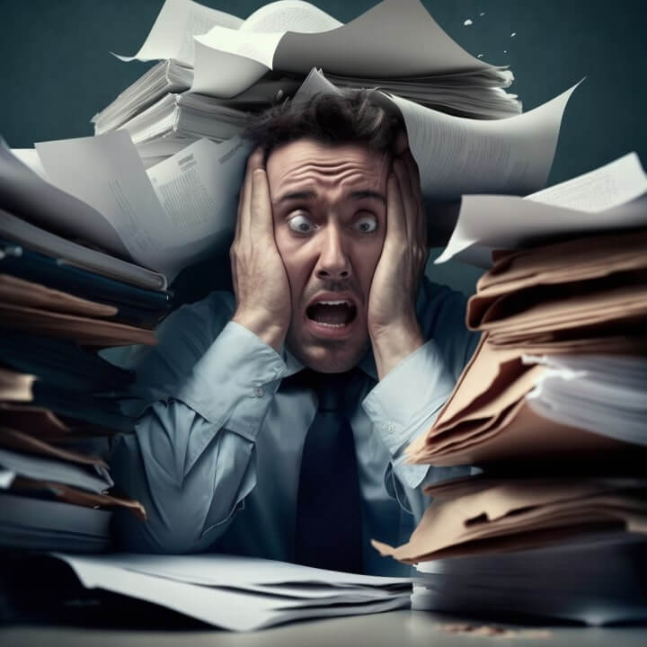 Man holding his face overwhelmed in paper work