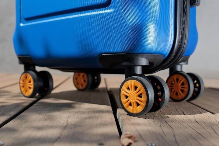 Blue suitcase with four wheels