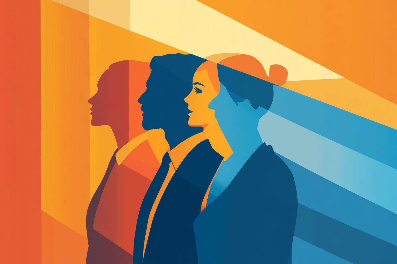 A group of silhouetted figures standing side by side in front of a colorful background
