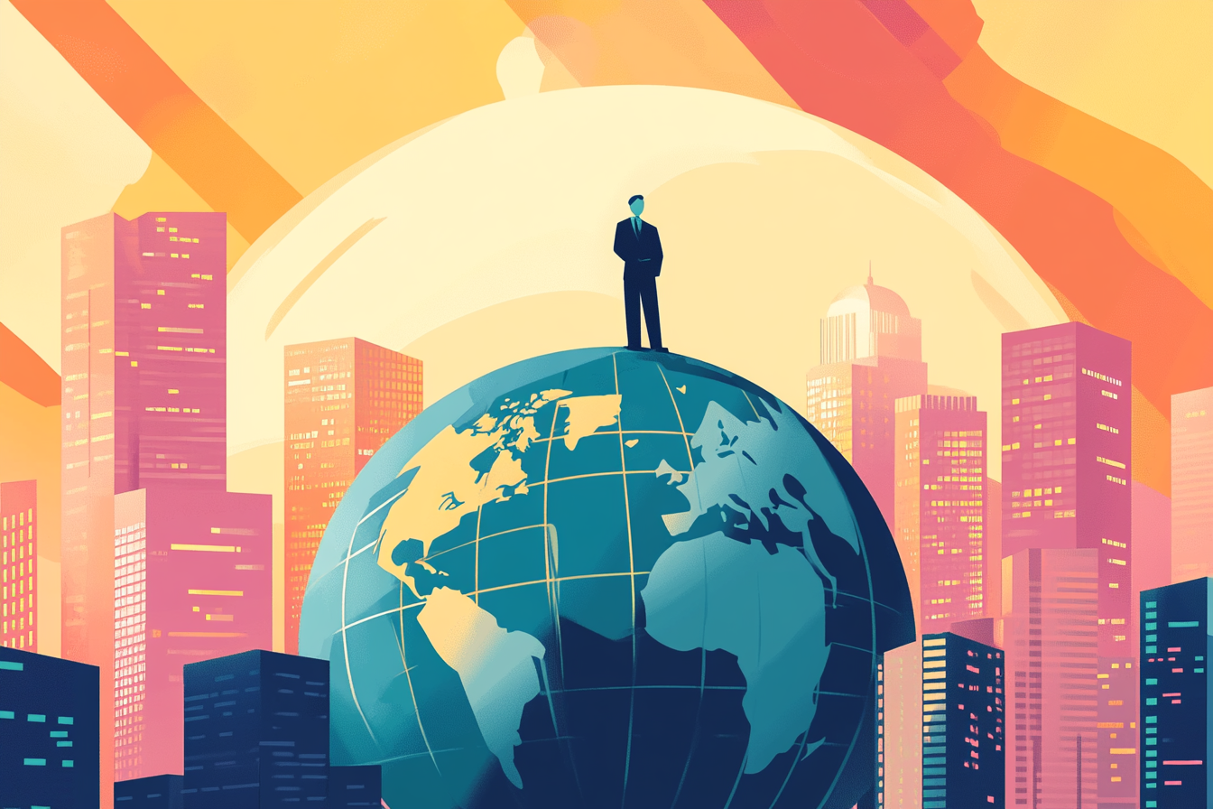 Silhouette of a person standing on top of a globe with a cityscape in the background