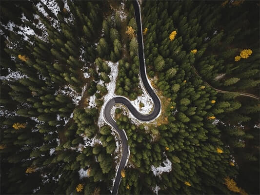Birds eye view of a road winding through a forest