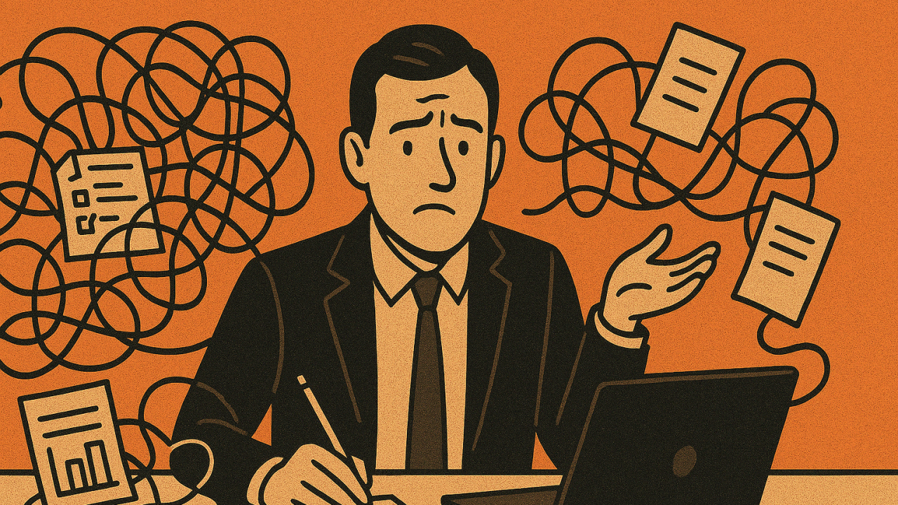 a confused businessman is surrounded by a chaotic mess of work