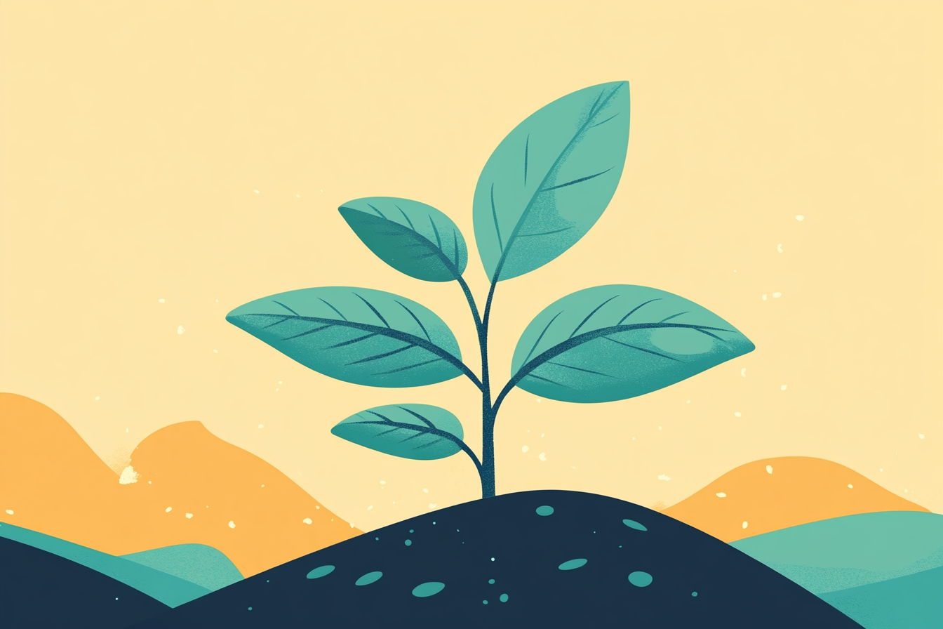 A plant growing from a mound of earth.